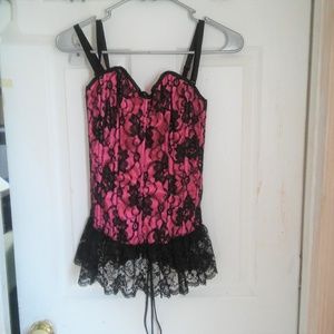 Frederick's pink w/ black lace corset / bustier